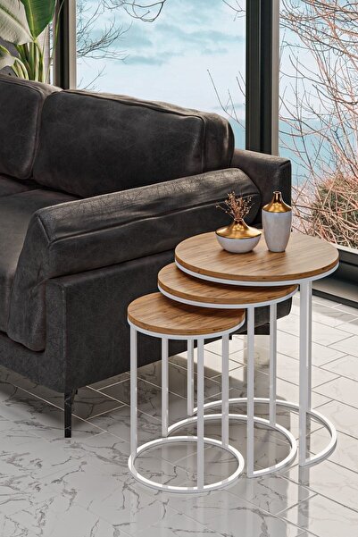 usta mekan 3'lü Beyaz Ayak Antik Çam Tabla Zigon Servis Salon Sehpa