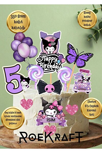 OEM Roekraft Kuromi Doğum Günü Süsü , Pasta Süsü , Kuromi Set, 6lı Cupcake Seti