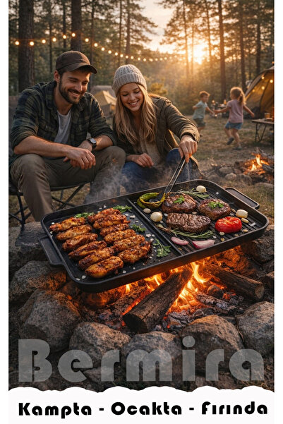 BERMİRA Home Collection Granit Kamp Tava Döküm 2 Gözlü Siyah Tava Yanmaz Yapı...