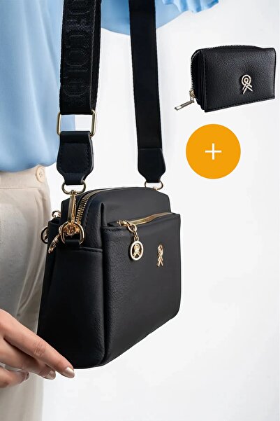 Les Crioch Women's Black 3-Compartment Lined Adjustable Column Strap Wallet C...