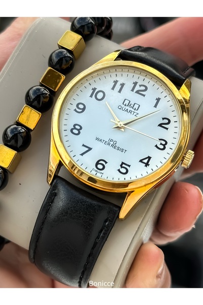 Q&Q سوار ساعة يد رجالي من الجلد الأسود مقاوم للماء