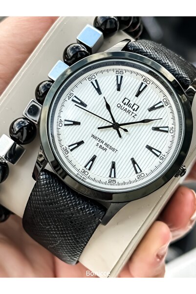 Q&Q العلامة التجارية حزام جلد أسود مقاوم للماء، ساعة يد رجالية + سوار