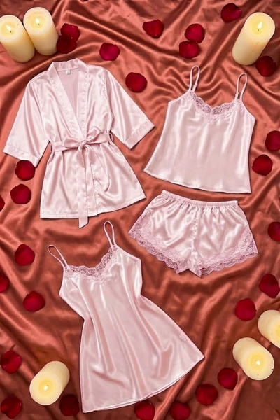 ZENCHES طقم ثوب نوم وروب من الساتان بحزام صغير للعروس