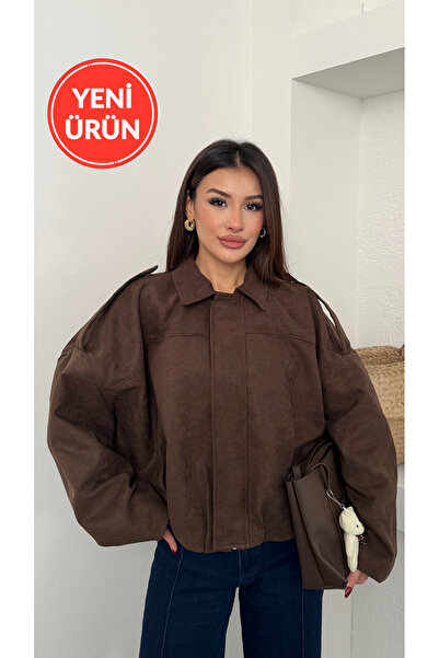 Perryes Jachetă bomber premium din piele intoarsa pentru femei, maro