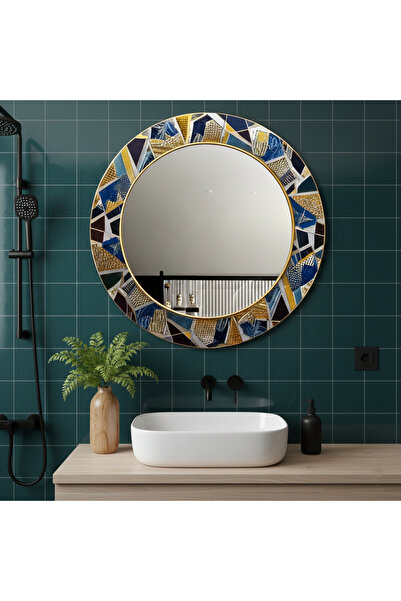 Glit Glass Luxury Serisi Lacivert ve Altın Renkli Yuvarlak Ayna - Modern Tasa...