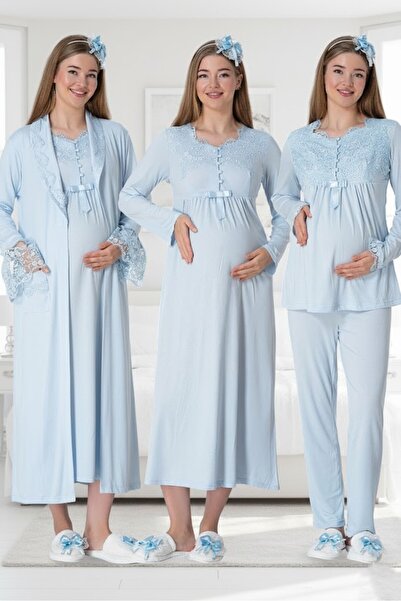 BLACKMORE Kadın Mavi Pamuklu Lohusa Tam Boy Gecelik Sabahlık Pijama 4'lü Set