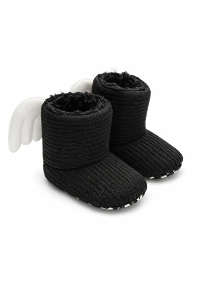 Superbaby Μαύρα παπουτσάκια για μωρά για τα πρώτα βήματα, με γούνα, με λευκά ...