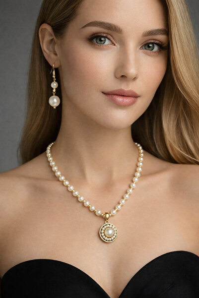 Solare Accessories Gold Aparatlı İnci Kolye ve Küpe Seti
