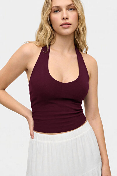 VODENS Koyu Bordo %95 Pamuk Halter Yaka Çift Kat Crop Top Body