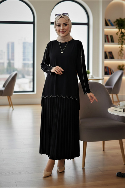 modamira Kadın Siyah Sandy Özel Tasarım Tarz Taş Işlemeli Bluz Etek Pliseli I...