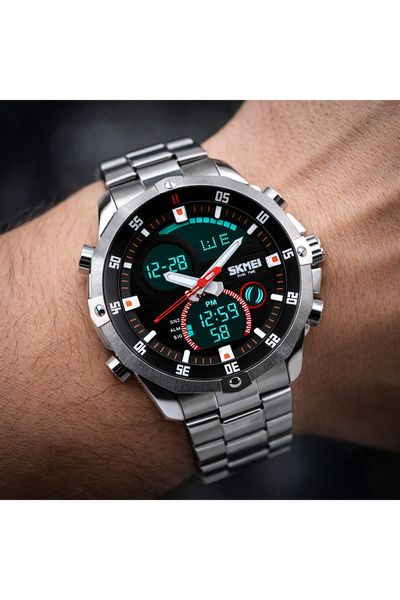 Skmei ساعة يد رجالية رقمية تناظرية بتصميم أنيق رياضي معدني بإضاءة ليلية LED 1146