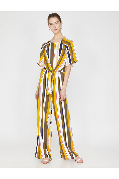 Koton Дамски зелен гащеризон с кръгло деколте и широки крачоли с вратовръзка ...