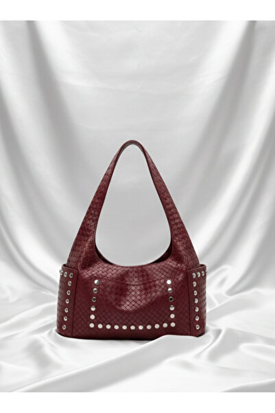 H&D COLLECTİON Large Size Burgundy Color Knitted Model Women's Shoulder Bag w...