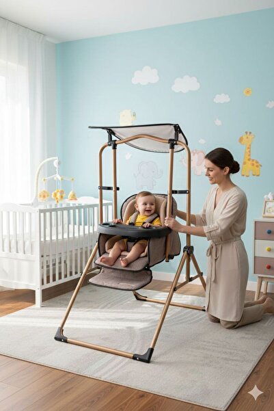 TURHAN BEBE Tam Yatarlı Tenteli Mama Tablalı Keten Kumaş Ev Tipi Gold Salınca...