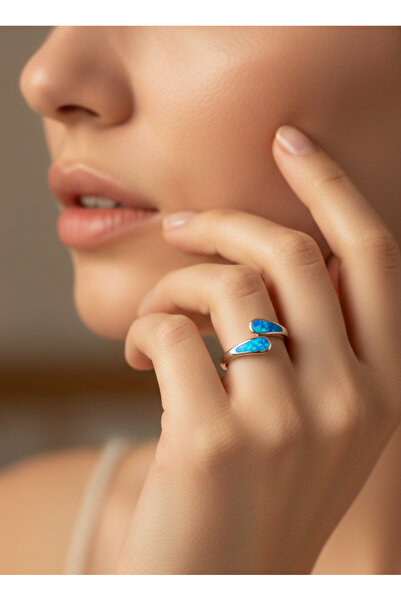 KESKİN GÜMÜŞ 18 Ayar Altın Kaplama Mavi Opal Taşlı Sarılan Tasarım Gümüş Kadı...