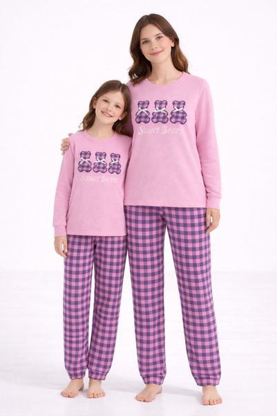 Free Beka Powder Pink Teddy Bear Embroidered and Ribbon Detailed Thermal Mother-Daughter Pajama Set Combination