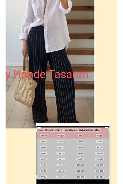 BY HANDE TASARIM Women's Black and White Striped Linen Pants