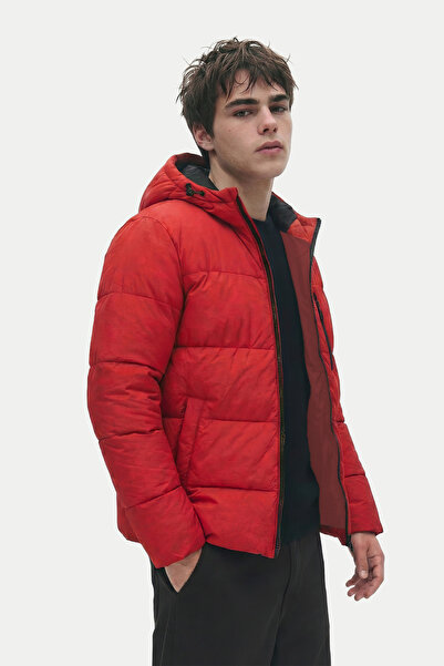 D1fference Erkek Kırmızı Kalın Astarlı Kapüşonlu Şişme Spor Kışlık Mont