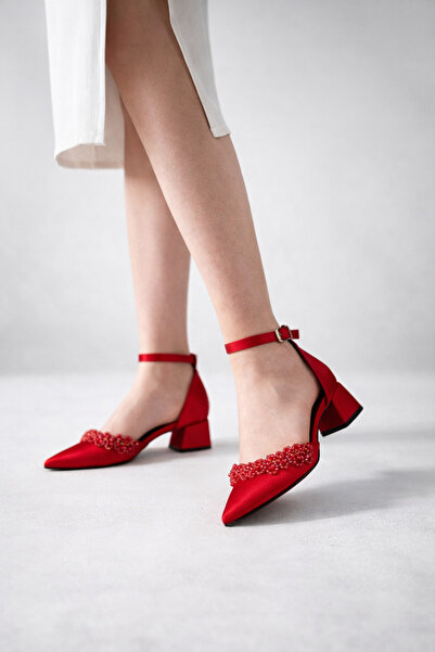 YARENAY Pantofi cu toc mic din satin roșu