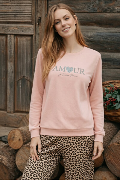 DOFİ Kadın 1741 Leopar Desenli Süper Soft Pijama Takımı- Gri/ Krem / PEMBE