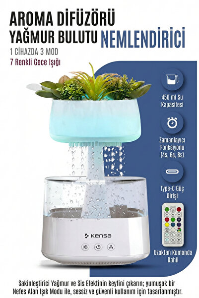 Kensa Dekoratif Yağmur Bulutu Aroma Difüzörü | Hava Nemlendirici | 3 Buhar Mo...
