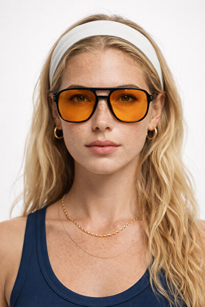 Houseofeyeris Horizon — Black Frame Geometric Aviator Sunglasses – Orange Len...