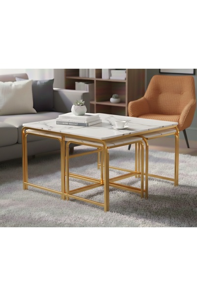 Nokta Sehpa Home 5Lİ DEMET 4+1 ORTA SEHPA gold beyaz mermer mdf