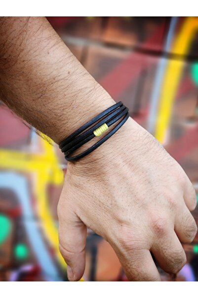 kumazonedesign Erkek Deri Mıknatıslı Bileklik Sarı İp Sarma