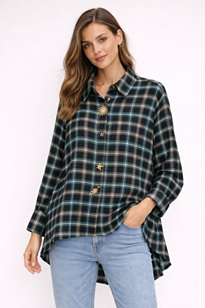 günay boutıque Seyyar Broş Düğmeli Ekose Gömlek-siyah