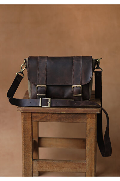 Önal kemer Mini Hakiki deri ve kanvas postacı çantası unisex kahverengi