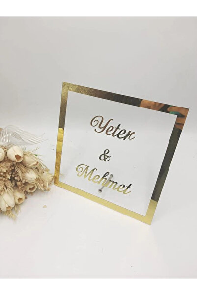 RetroLazer 25X25 CM KARE MASAÜSTÜ PLEKSİ İSİMLİK SÖZ NİŞAN KINA Gold