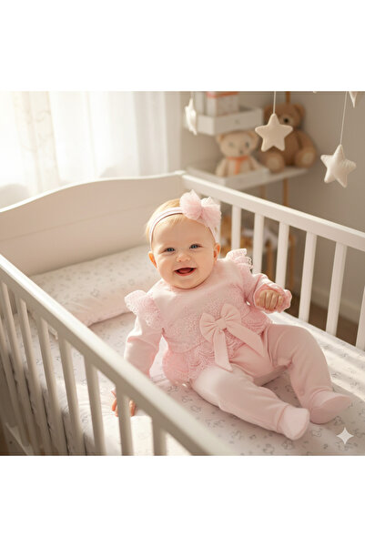 Miniday Baby Baby Girl Mevlütlük Jumpsuit with Bandana and Lace Tk1043
