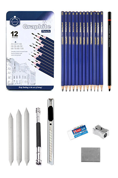 ACUTO Karakalem Çizim Seti Metal Kutulu Eskiz Seti 12 Dereceli Kalem Hamur Si...