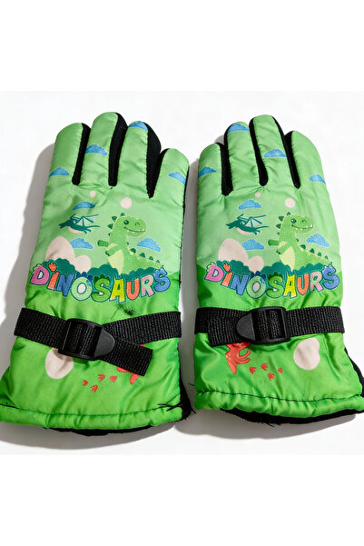 POKUT Waterproof Dinazor Desenli Çocuk Kar Eldiveni | İçi Peluş I Kışlık, Kayak