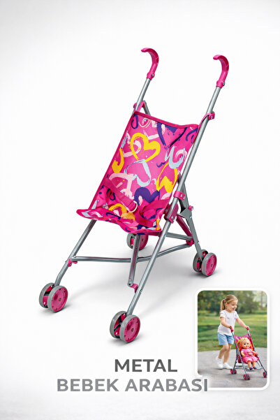 Canland Oyuncak Pembe Desenli Katlanabilir Metal Bebek Arabası (Baston Puset)
