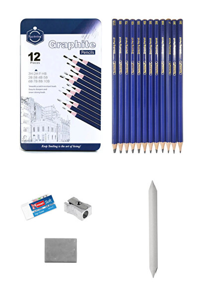 ACUTO Karakalem Çizim Seti Metal Kutulu Eskiz Seti 12 Dereceli Kalem Hamur Si...