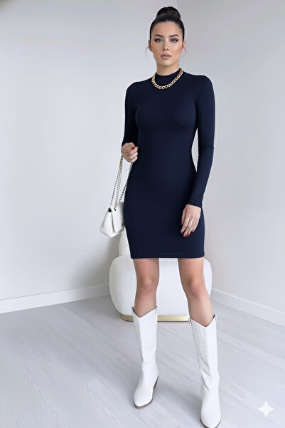 Butik Şımarık Women's Ribbed Knit Fabric Dark Blue Color D Mock Neck Long Sle...