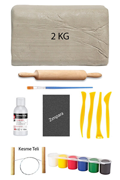 ACUTO 2 Kg Beyaz Seramik Hamuru Plastik Ebeşuar Seti 6 X 15 ml Akrilik Boya 1...