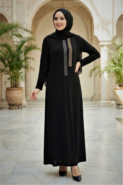 modamira Kadın Siyah Sandy Abiye Büyük Beden Boydan Tarz Davet Özel Önü Taş D...