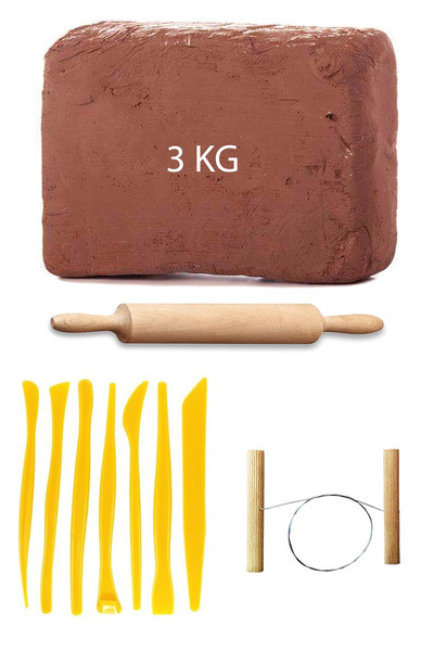 ACUTO Kahve Çamur Kırmızı Kil Seramik Hamuru 3 kg Plastik Ebeşuar Seti Ahşap ...