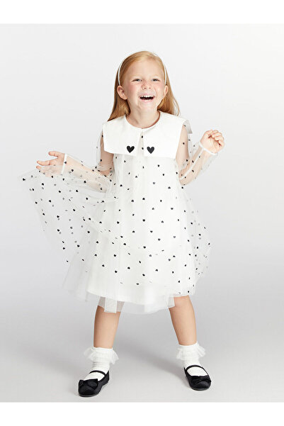 LC Waikiki MG TRENDEN Ekru Tüllü Kalp Baskılı Kız Çocuk Elbise