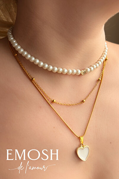 EMOSH de Lamour طقم قلادة من اللؤلؤ والقلب مكون من 3 قطع |   ميدالية على شكل ...