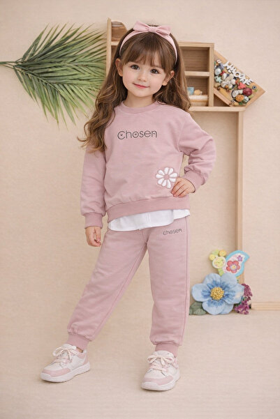 Nazar Bebe Kız Çocuk Chosen Yazılı Çiçek Detaylı İkili Eşofman Takımı - Gül K...