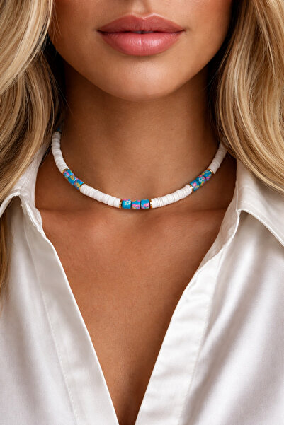 HERCY Gold Detaylı Mavi - Beyaz Fimo Kolye | Beyaz Kolye | Yazlık Kolye