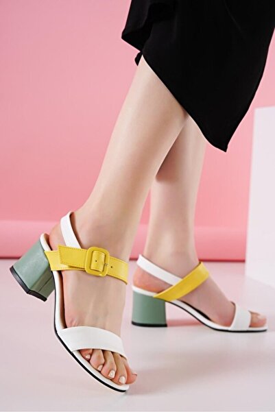 M&B COLLECT Дамски сандали за всеки ден с катарама, обувки с ток, жълти и бели