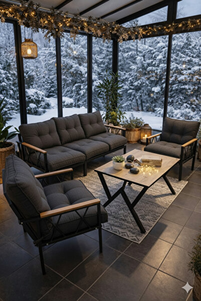 UFUK HOME Miray 311 Masalı Antrasit Fermuarlı Bahçe Balkon Takımı, Salon, Ter...