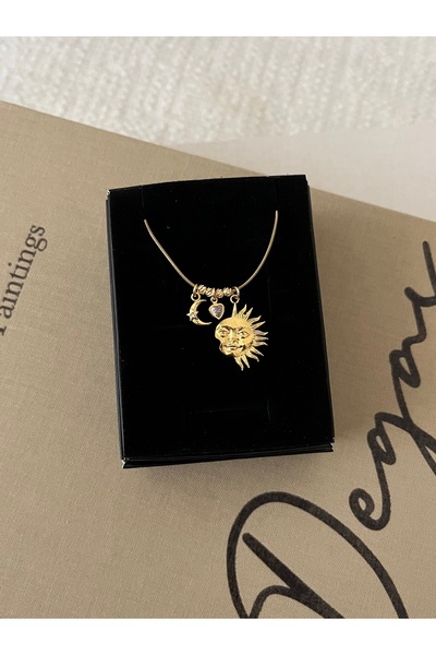 RAREE Güneş,mini kalp ve ay charmlı çelik yılan zincirli kolye