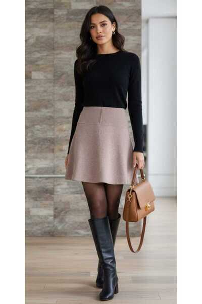 ZUM Diz Üstü Selanik Kadın Kloş Etek Yüksek Bel Beli Lastikli Günlük Salaş Ra...