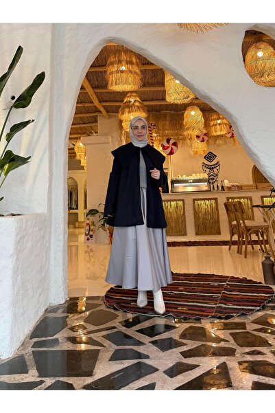 Touche Geniş Yaka Kaşe Kaban Lacivert