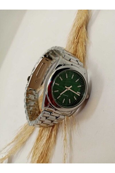 QUARTZ ساعة يد نسائية موديل روليزي بسوار فضي فولاذي ومينا أخضر مع تقويم